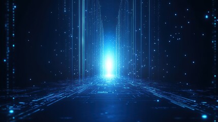 Abstract digital tunnel with glowing light and data streams, futuristic and technological.
