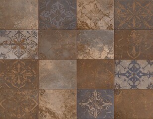 Old brown gray rusty vintage worn shabby patchwork motif tiles stone concrete cement