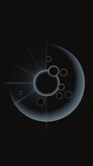 Minimalist abstract composition with geometric shapes and a sphere in the center on a black background.