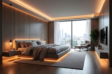 Obraz premium Luxurious modern bedroom interior design with ambient lighting and city view