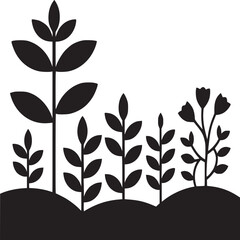 Black and white illustration of plants growing in a row with varying heights and leaf structures