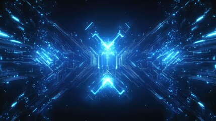 Symmetrical digital abstract composition with glowing blue lines and geometric shapes, creating a futuristic visual.