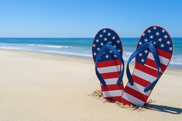 Patriotic flip flops on sandy beach summer vacation