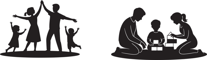 Silhouette illustrations of families enjoying time playing and building blocks together