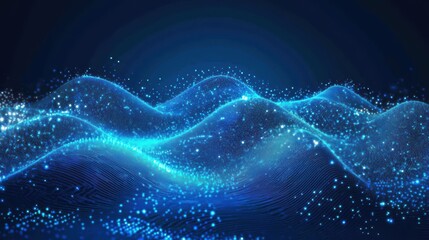 Abstract digital landscape with blue waves and glittering particles, creating a futuristic and dynamic background.