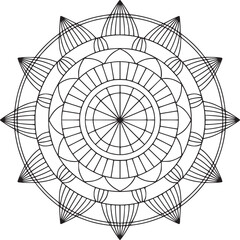 Obraz premium Circular mandala design with radiating lines and geometric shapes in black and white outline style
