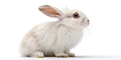 Obraz premium Adorable Fluffy White Rabbit Sitting on White Background