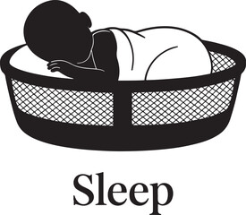 Silhouette of a sleeping baby resting comfortably in a woven basket with sleep text below