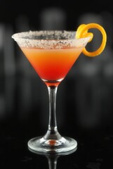 Radiant Cocktail: A vibrantly hued cocktail with a sugar-rimmed glass and a striking orange peel garnish, embodying sophistication and refreshing appeal.