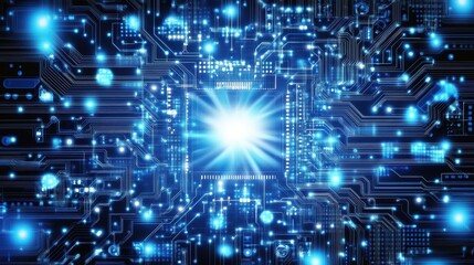 Abstract digital circuit board design with glowing center, showcasing interconnected technology.