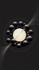 Minimalist abstract composition with geometric shapes and a sphere in the center on a black background.