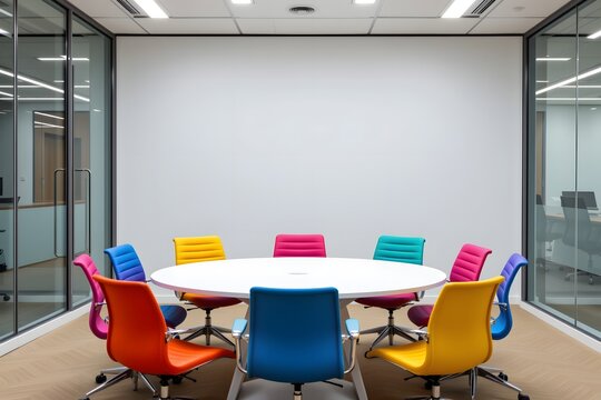 Meeting Room: A modern meeting room interior, with a round table and colorful chairs, perfectly set up to capture the essence of collaborative work and idea generation.