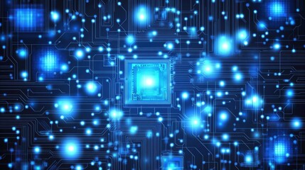 Glowing central processor surrounded by intricate circuitry and data streams.