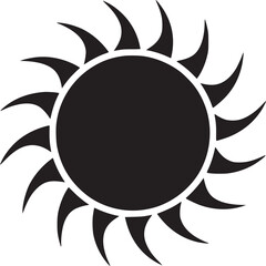 A graphic illustration of a black sun with sharp rays emanating from a circular center on white background
