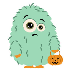 Cute scared monster holding pumpkins for halloween day. Flat vector illustration in simple childish style, white background . Vector illustration