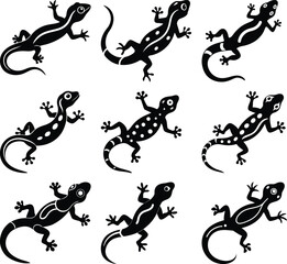 Fototapeta premium Lizard silhouttes patterns: Nine sleek lizard silhouettes in a bold black hue adorn the canvas, each a unique embodiment of this agile reptile.