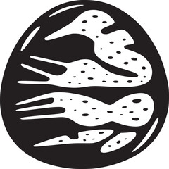 Black and white egg shaped design with abstract spotted creatures inside on a white background space