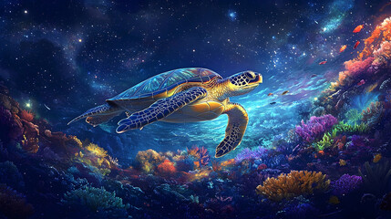 Obraz premium A sea turtle glides through a vibrant underwater landscape filled with colorful coral reefs.