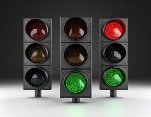 Three sets of LED traffic lights showing red, amber or green lights.