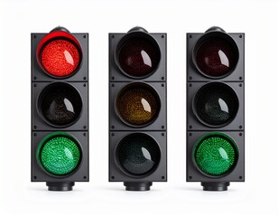 Three sets of LED traffic lights showing red, amber or green lights.