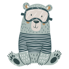 A cute bear wearing a snorkeling mask. Flat vector illustration in simple child style, white background . Vector illustration
