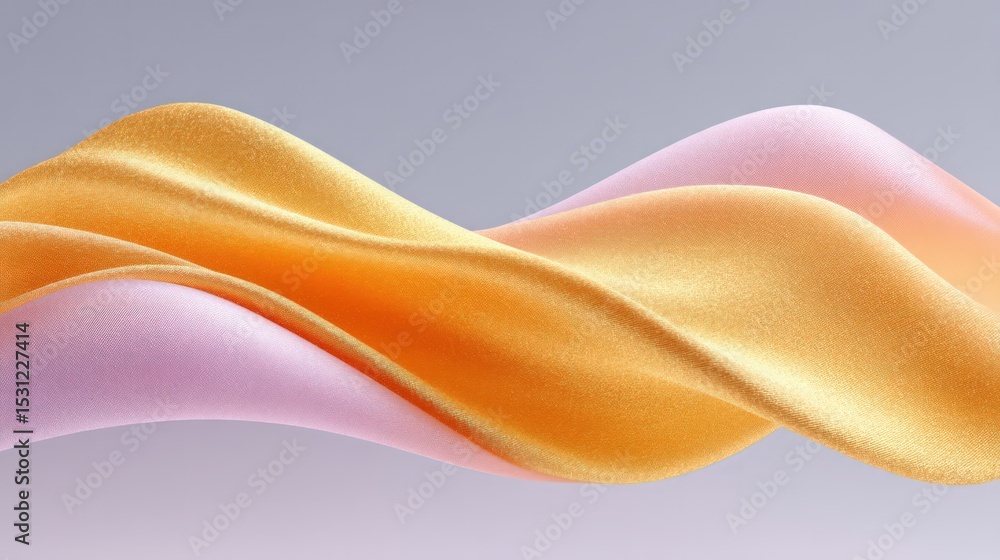 Poster abstract pink and gold satin ribbon curl with soft shadows and reflections