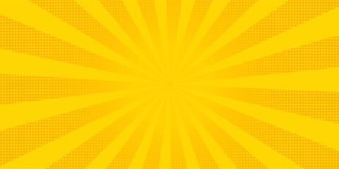 Abstract orange comic background. Art pop cartoon backdrop. Halftone effect pattern. Fun anime texture. Starburst manga style bg. Mark popart radial gradient. Spiral, swirl, comic rays.