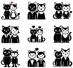 Cute Cat Couple Wedding Clipart - Black and White Feline Bride and Groom Vector Illustration Set
