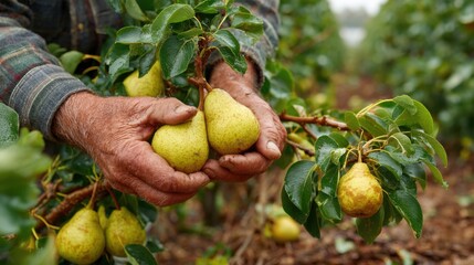 Hands gently hold freshly picked pears from a tree in a lush orchard, showcasing the fruits of labor in a serene setting on a warm summer morning.
