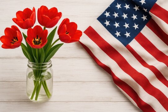 Red tulips and american flag memorial day