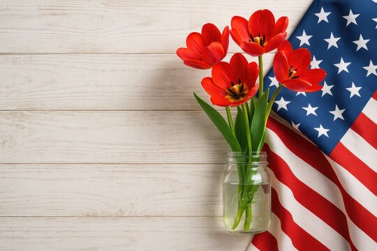 Red tulips in mason jar with american flag - Powered by Adobe