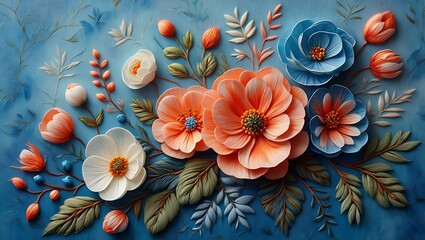 A beautiful bouquet of colorful spring flowers, featuring pink blossoms and yellow daisies, bursts with natural beauty on a blue background