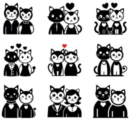 Cute Cat Couple Wedding Clipart - Black and White Feline Bride and Groom Vector Illustration Set