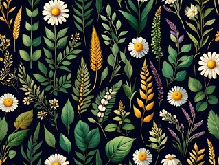 Seamless floral pattern with vintage flowers, leaves, and nature-inspired textile design