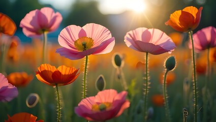 Red tulips and poppies blossom in a vibrant spring meadow, their petals a splash of color against the blue sky