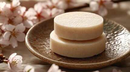 Two light beige soap bars on a decorative dish