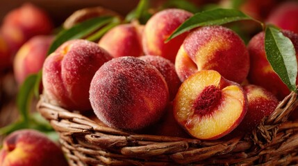 A basket overflowing with ripe peaches showcases their vibrant colors and fuzzy skin. The scene reflects a bountiful harvest during the warm summer season.