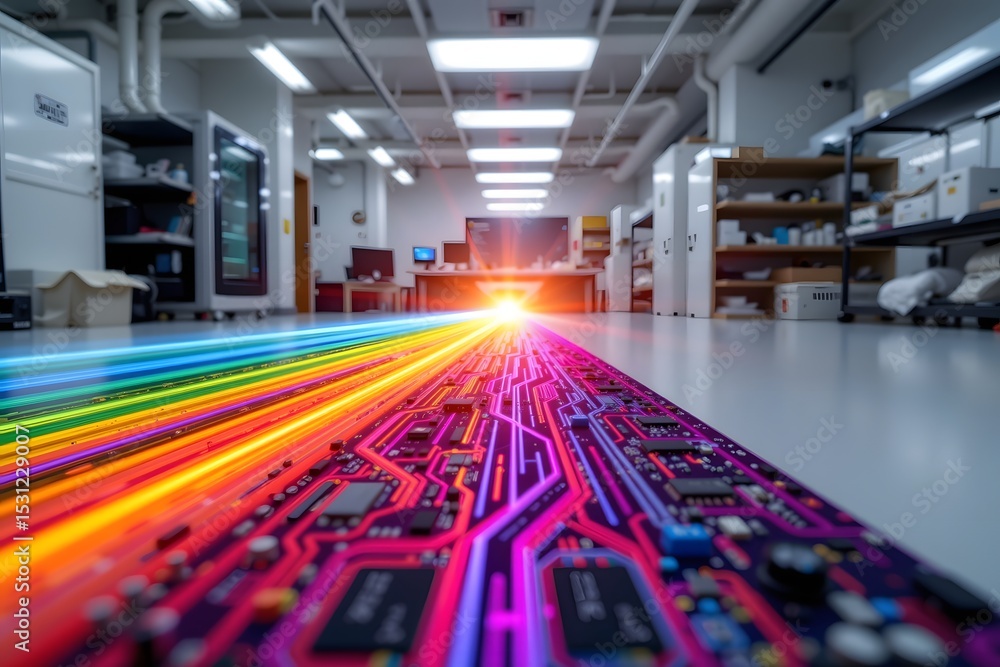 Poster technological pathway in laboratory: a colorful pathway made of circuit boards and light beam leadin