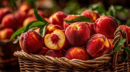 A wicker basket filled with ripe peaches sits on display. Some peaches are whole while one is cut in half, showcasing its juicy interior. The market is lively with summer vibes.