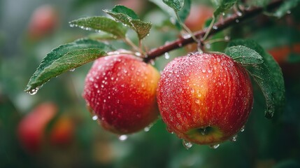 Two ripe red apples hang from a green branch, adorned with sparkling dew droplets. The setting is an orchard, capturing the freshness of early morning light.