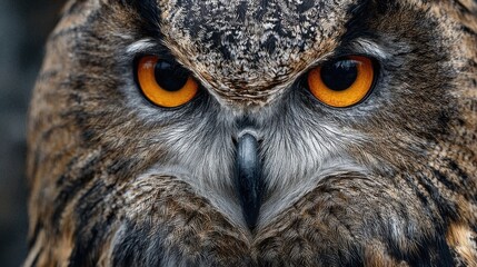 An impressive owl sits calmly, showcasing its intricate feather patterns and bright orange eyes. The serene setting highlights its natural beauty and keen observation skills.