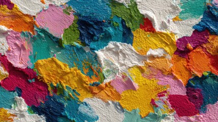 A variety of bright colors blend together in an abstract pattern on a textured wall. The hues include blues, pinks, yellows, and greens, creating a lively and dynamic visual display.