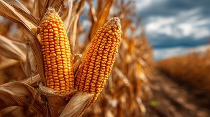 Close-up of ripe corn ears on the stalks in an expansive field. The sky is overcast, indicating harvest time and the changing seasons in agriculture.