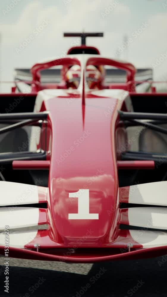 Fototapete front view of a generic formula one race car rolling into pole position. 3d animation rendering