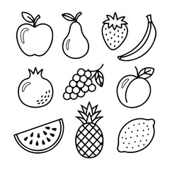 Collection of line art fruits apple pear strawberry banana pomegranate grapes peach watermelon pineapple lemon