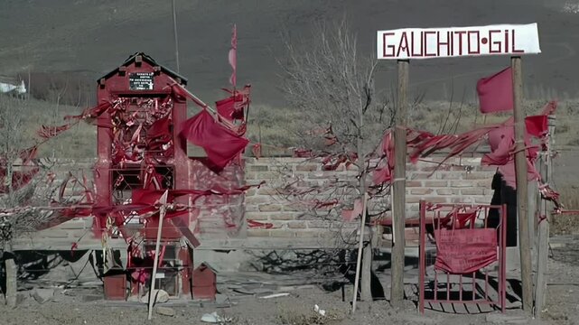 Rustic Roadside Altar to Gauchito Gil With Red Flags and Offerings in Patagonian Countryside, Argentina 