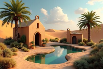 Obraz premium Desert oasis villa with pool and palm trees beautiful architecture and landscape design