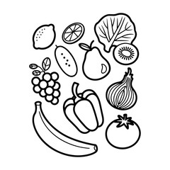 Collection of line art fruits and vegetables