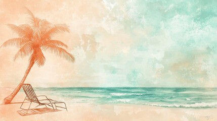Watercolor illustration of a tropical beach scene with a palm tree and a lounge chair.