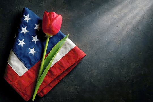Red tulip on folded american flag remembrance